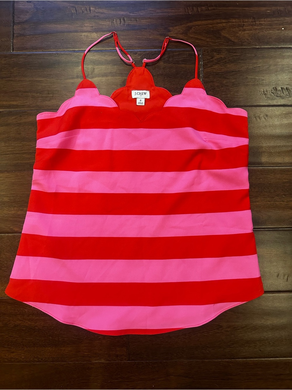 J. Crew Red and Pink Striped Scallop Cami